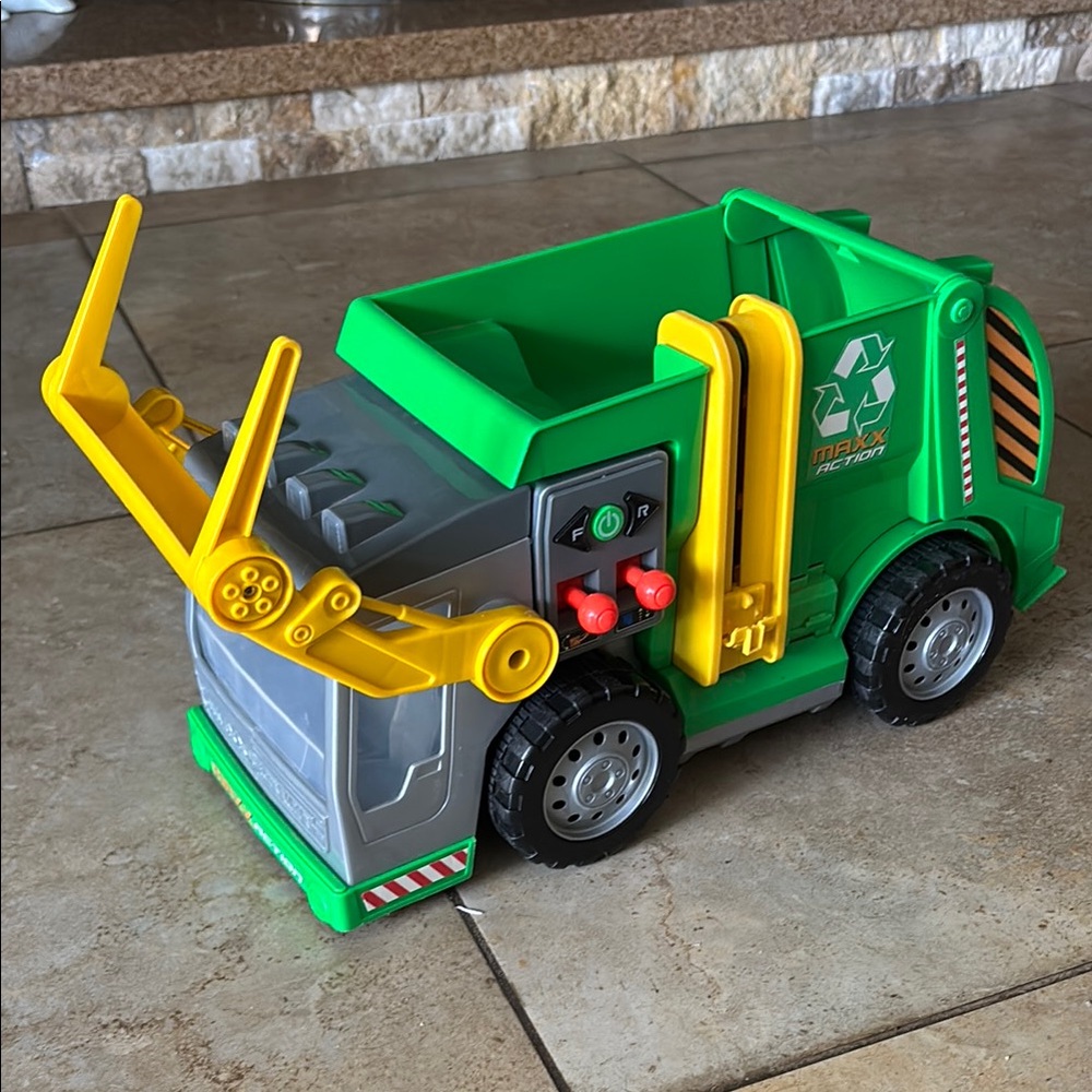 Green and Yellow Toy Garbage Truck with Lifting Arm